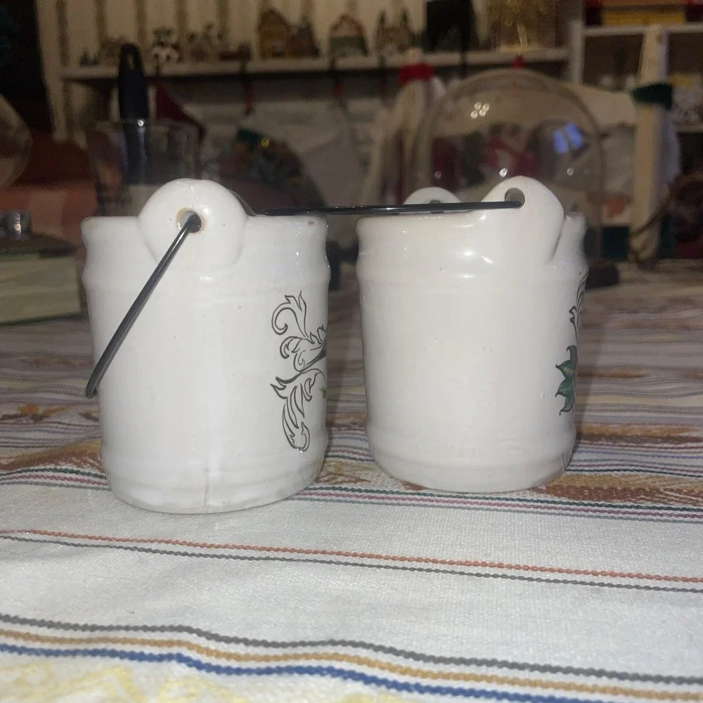 Pair Of Ceramic Pails/buckets With Metal Handles Birds On Branches, Candle Holde